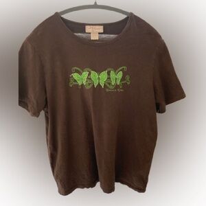 Brown T-Shirt with Green Butterfly Design Size Large Good Condition Firm Price